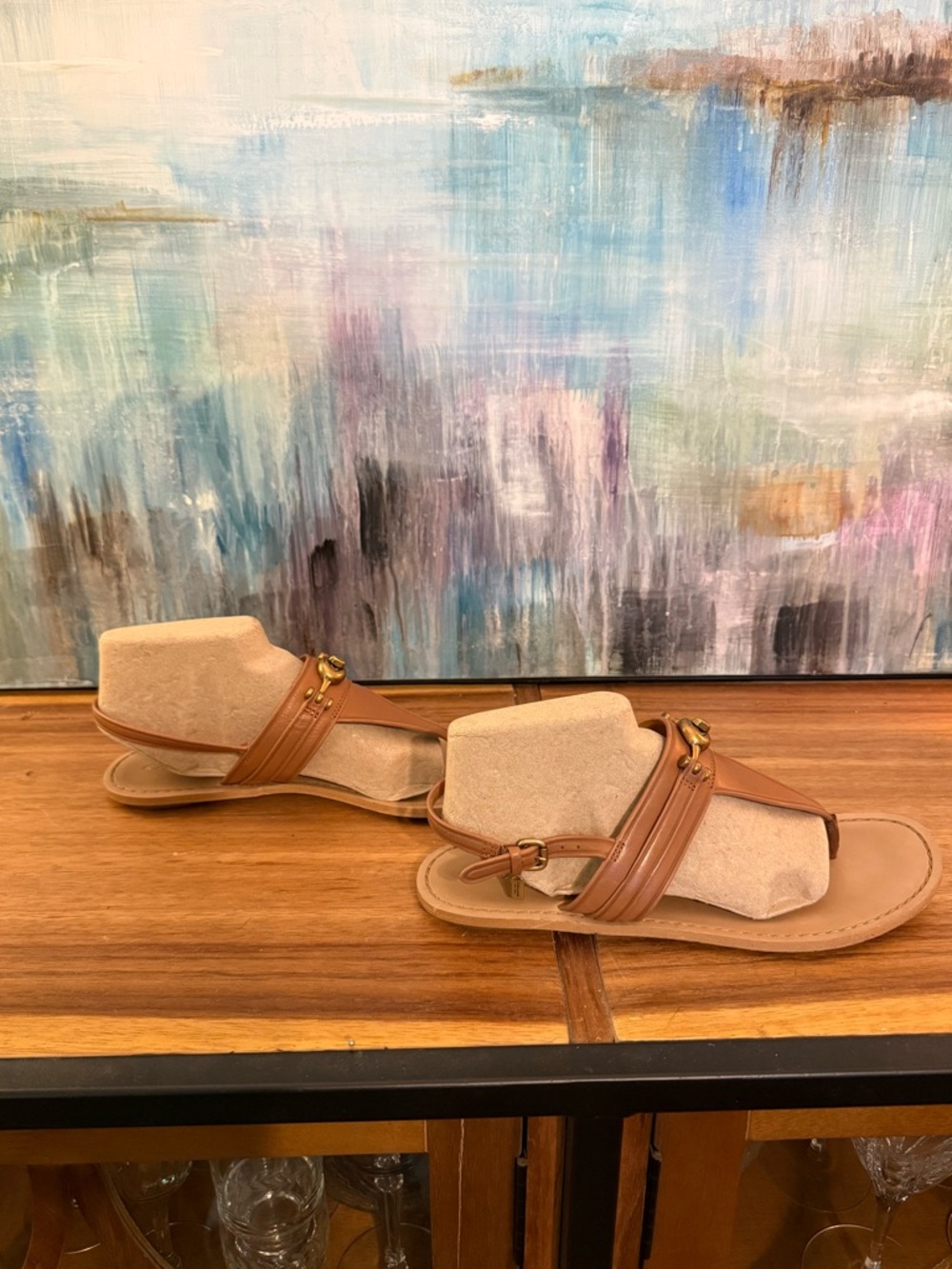 Coach Women’s Candace Tan Leather T-Strap Sandals with Gold Accent - Picture 3 of 9